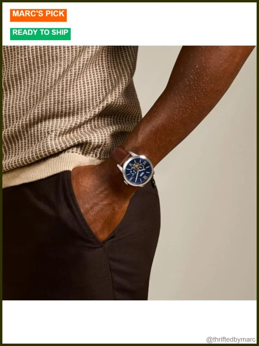44mm Automatic Stainless Steel Watch with Brown Leather Band